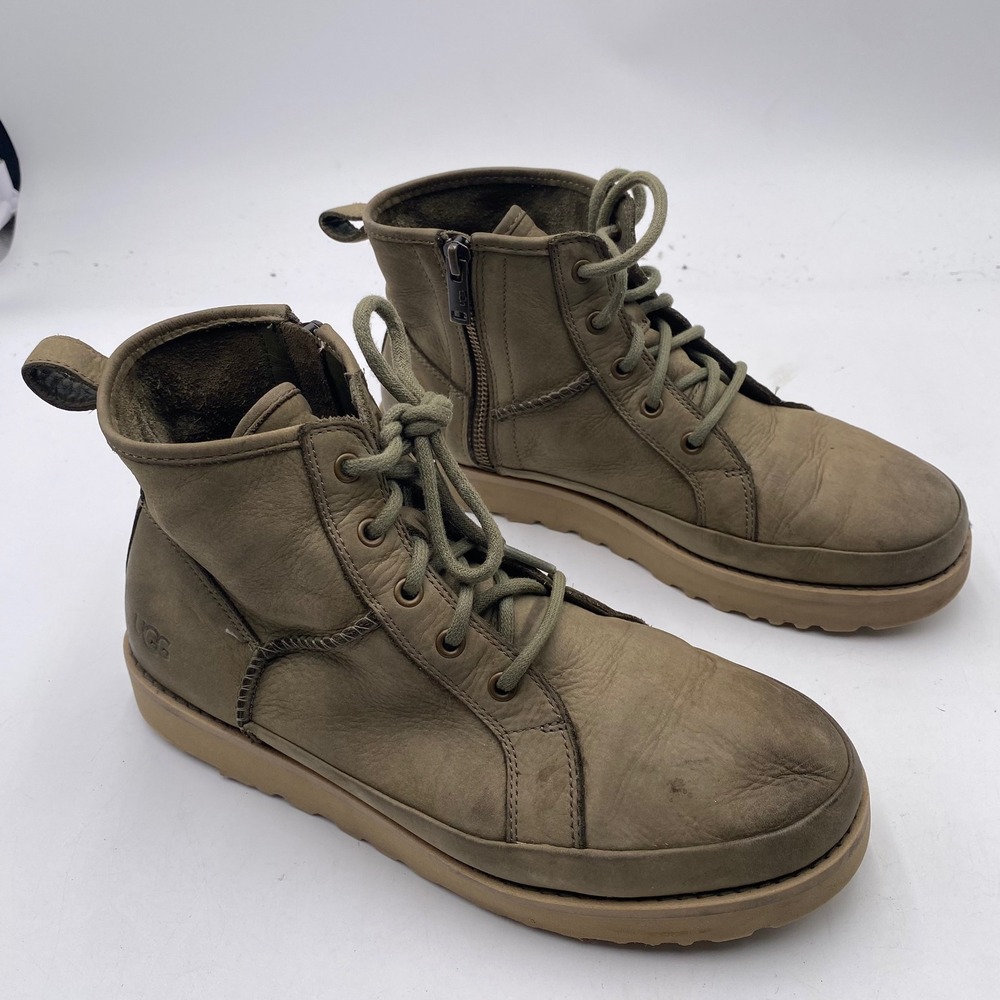 UGG Lakesider Zip Puff Leather Ankle Boots Womens 8 Olive Green Side Zip 1127991